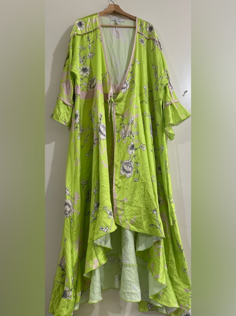 Unbranded Lime Green High-Low Floral Dress with Tie Front